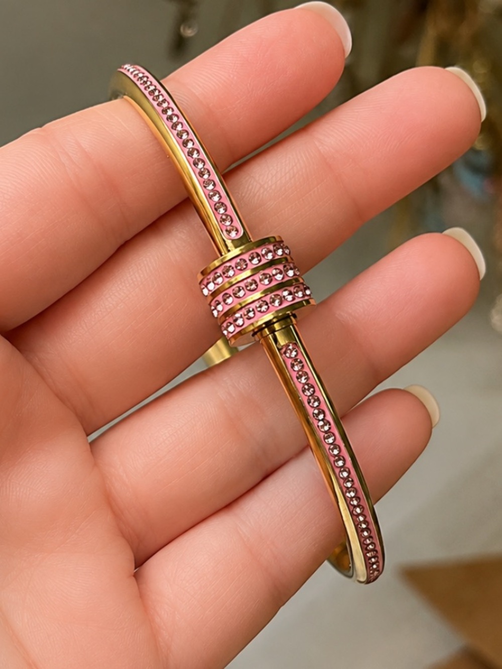 Rhinestone Gold Tone Nail Bangle Bracelet